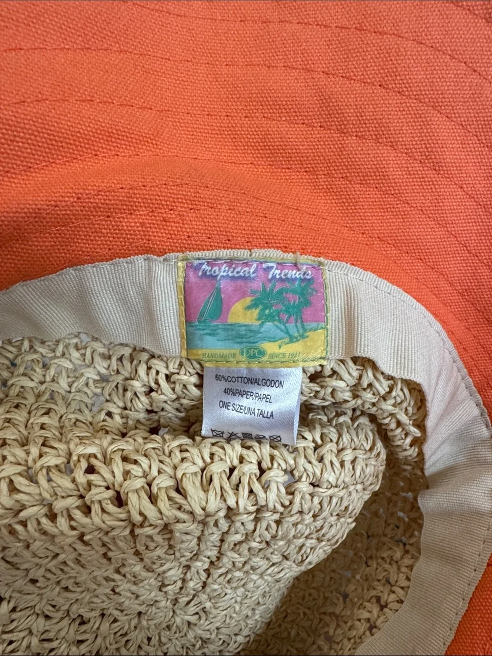 Vintage Y2K Tropical Trends Crochet Straw Sun Hat Coral Peach Wide Brim - Picture 6 of 7